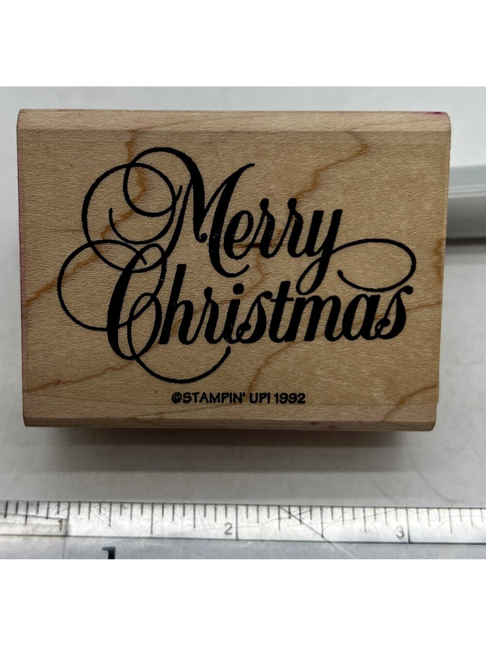 Stampin' Up 1992 Merry Christmas Ornate Script Wood Rubber Stamp